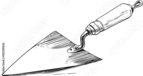 Line drawing of a triangular bricklayer's trowel with a wooden handle. Vector illustration