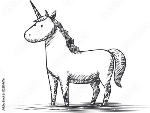 Black and white sketch of a unicorn with a mane and tail, fantasy creature art. Vector illustration