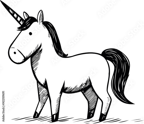 Black and white sketch of a cute unicorn illustration with shading style. Vector illustration