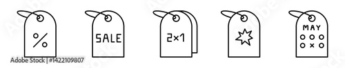 Conjunto de iconos de etiquetas de oferta. Descuento, en venta, promoción, 2x1, calendario. Ilustración vectorial