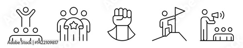 Conjunto de iconos de liderazgo. Personas, motivación, éxito, logro, comunicación. Ilustración vectorial