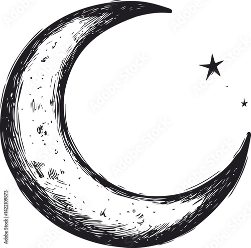 Crescent moon and stars in a black ink sketch. Vector illustration