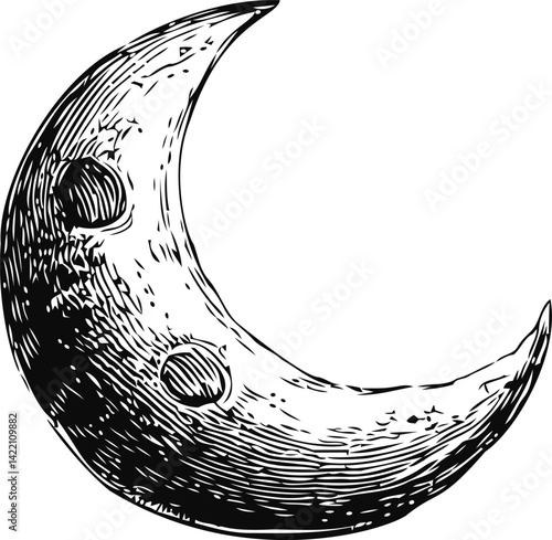 Woodcut style black and white crescent moon with crater details, sketch drawing. Vector illustration
