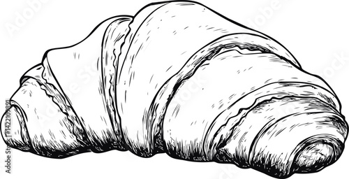 Detailed black and white sketch of a croissant, bakery illustration art. Vector illustration