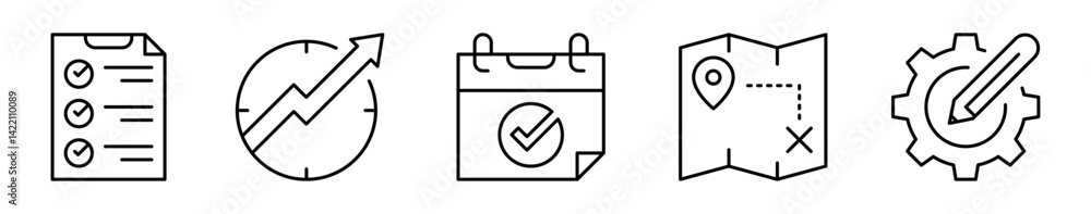 Conjunto de iconos de plan de acción. Lista, objetivos, calendario, ruta, estrategia. Ilustración vectorial Conjunto de iconos de plan de acción. Lista, objetivos, calendario, ruta, estrategia. Ilustración vectorial