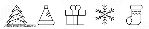 Conjunto de iconos de navidad. Árbol, gorra navideña, caja de regalo, copo de nieve, bota. Ilustración vectorial