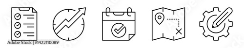 Conjunto de iconos de plan de acción. Lista, objetivos, calendario, ruta, estrategia. Ilustración vectorial
