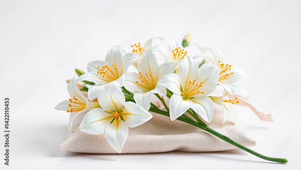 Elegant White and Gold Scilla and Ricinus on Fabric Pouch, High-Quality Product Photography Elegant White and Gold Scilla and Ricinus on Fabric Pouch, High-Quality Product Photography