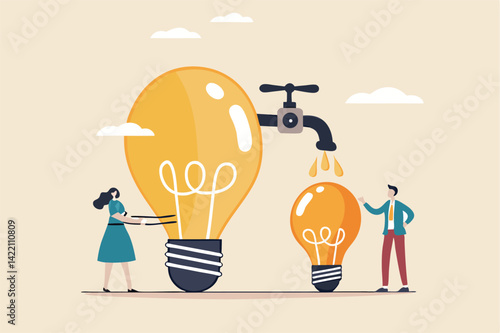 Sharing idea or knowledge sharing, transfer information or wisdom to employees or colleagues, creativity or innovation, learning new skills concept, business people transfer idea to new lightbulb.