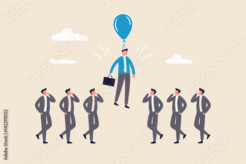 Differentiate from competitors, stand out or much better from others, difference, unique or outstanding concept, initiative businessman flying with balloon stand out from other same competitors.