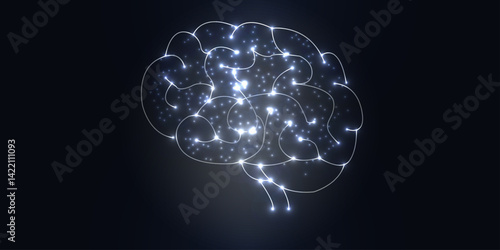 Human brain . Low poly abstract digital human brain black and white background.  IQ testing, artificial intelligence virtual emulation science technology concept. Brainstorm think idea.