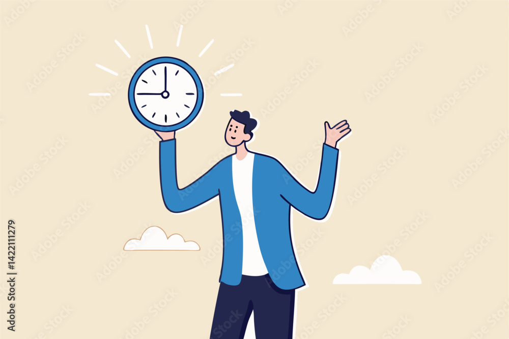 Punctuality, being on time for appointment or schedule, finish work within deadline or timing, meeting reminder or time management concept, punctual businessman holding clock with precise timing. Punctuality, being on time for appointment or schedule, finish work within deadline or timing, meeting reminder or time management concept, punctual businessman holding clock with precise timing.