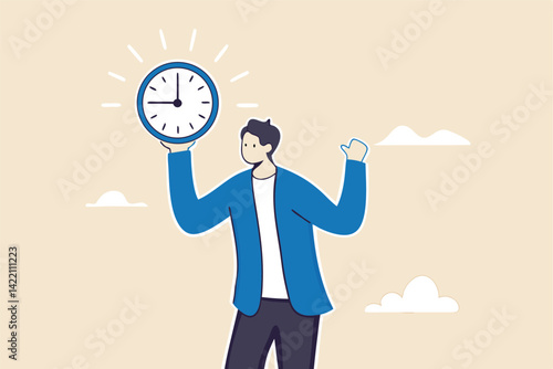 Punctuality, being on time for appointment or schedule, finish work within deadline or timing, meeting reminder or time management concept, punctual businessman holding clock with precise timing.