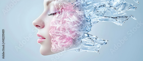 This image depicts a woman's face with a water effect. It suggests skincare hydration and beauty treatments. Use this for advertisements about skincare products.