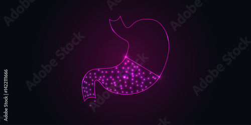 Stomach digestive system organ , Concept for medical, pharmacology treatment of the digestive system. Abstract modern 3d vector illustration on black and purple background.
