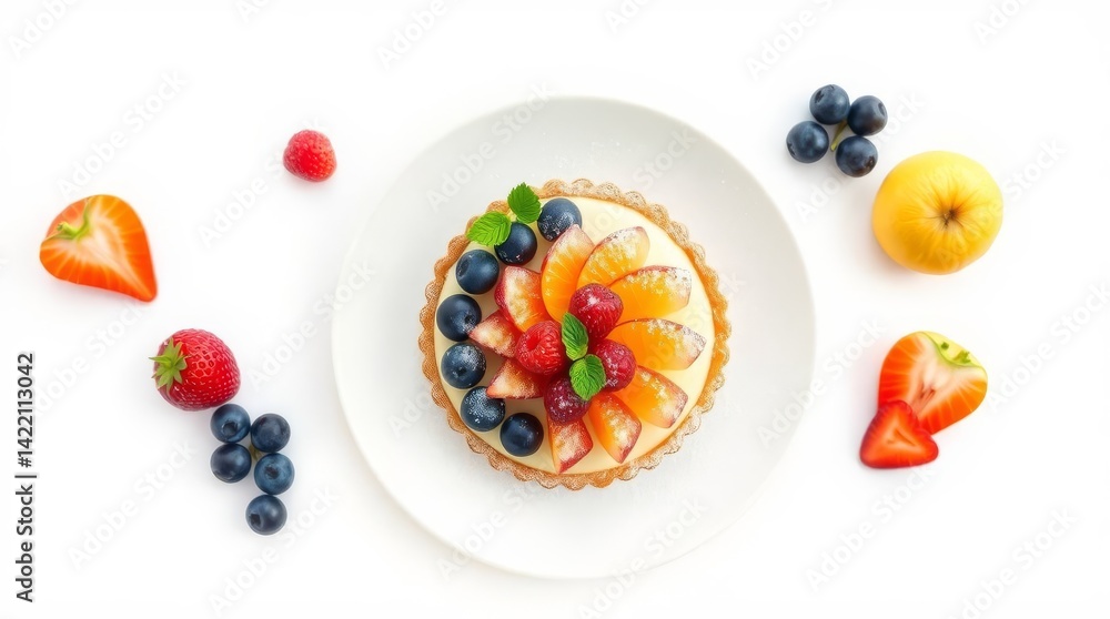 Delicious fruit tart with fresh berries and apricot on a white plate Delicious fruit tart with fresh berries and apricot on a white plate