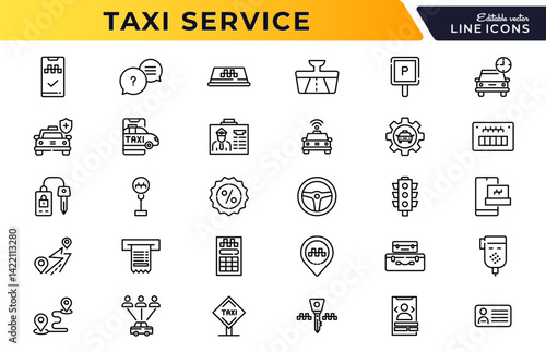Taxi cab, car service line icon set. Rideshare, travel driver, passenger, taxi app, fare, Hail a Cab, location, rent a car, vector icon collection. UI outline icon pack