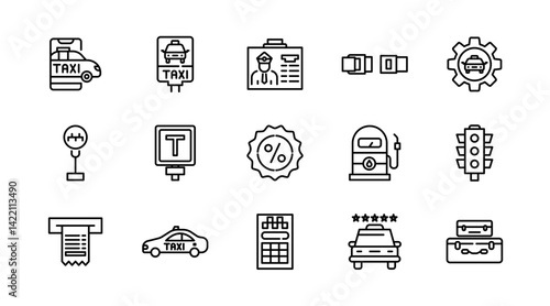 Taxi cab, car service line icon set. Rideshare, travel driver, passenger, taxi app, fare, Hail a Cab, location, rent a car, vector icon collection. UI outline icon pack
