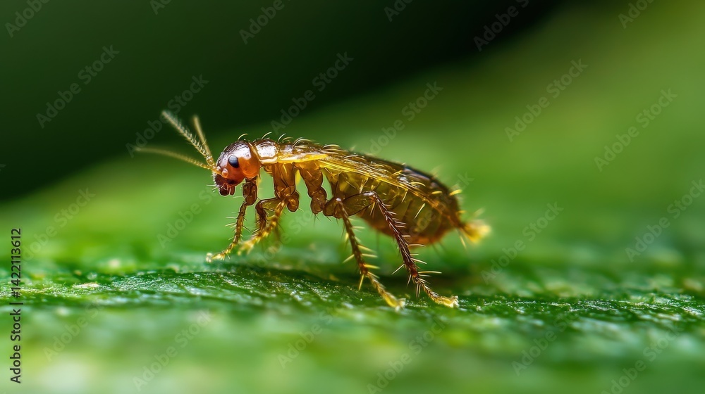 Fototapeta premium A small insect with six legs is standing on a leaf