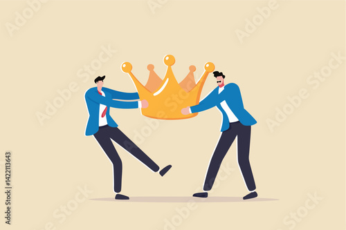 Staff conflict or employee argument, fighting for job promotion or jealousy colleague concept, angry coworker fighting by pulling golden crown metaphor of job promotion position.