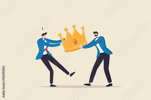 Staff conflict or employee argument, fighting for job promotion or jealousy colleague concept, angry coworker fighting by pulling golden crown metaphor of job promotion position.