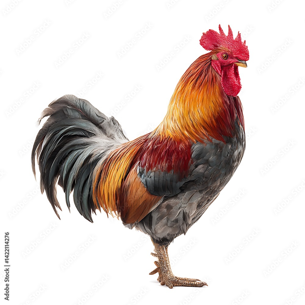 Fototapeta premium Colorful rooster standing tall on white background