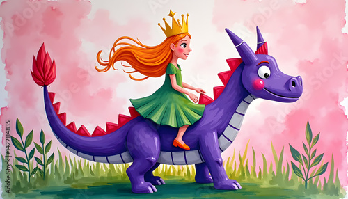 Childlike gouache painting of a princess riding a purple dragon in bright pink and green colors.