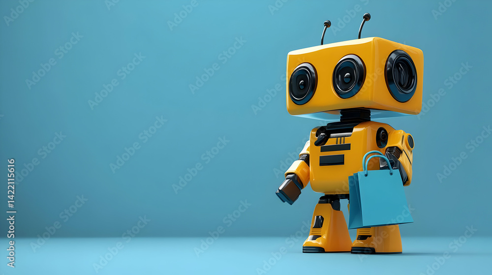 Yellow Robot Carrying Shopping Bag on Blue Background Yellow Robot Carrying Shopping Bag on Blue Background