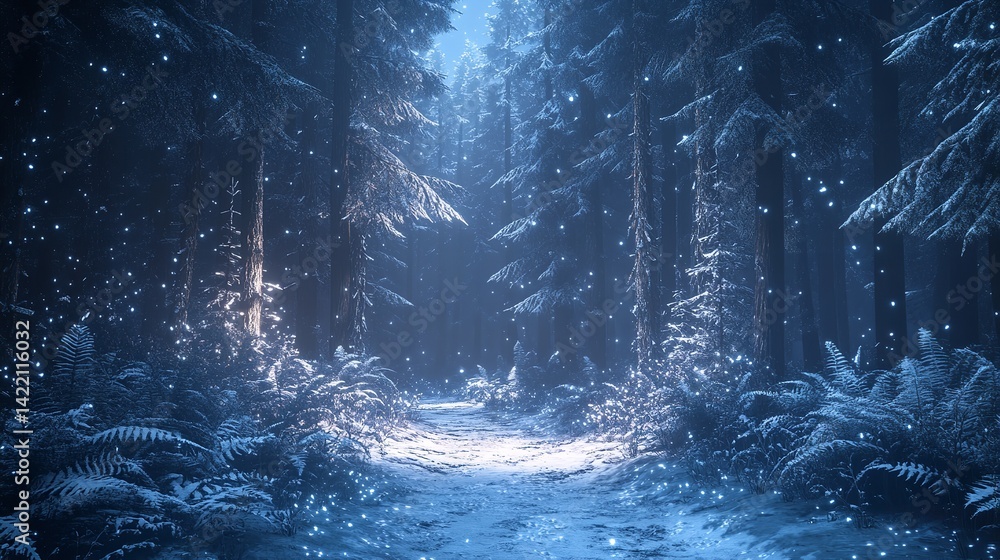 Obraz premium breathtaking display of symbiosis, ethereal snow dances with enchanting natural world, unveiling a tapestry of animal footprints, trees adorned pristine white cloak, and delicate equilibrium of life t