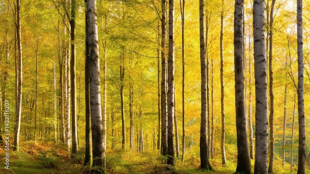 Obraz premium Serene autumn forest with golden foliage, sunlight filtering through trees, peaceful atmosphere