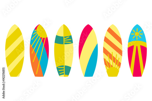 Surfboards set, different surf boards with pattern designs collection. 