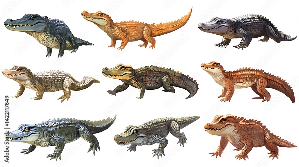 Naklejka premium Nine Crocodiles with Diverse Colors, and White BG.