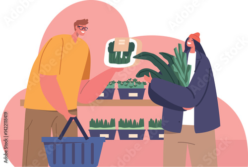 People buying microgreens at supermarket
