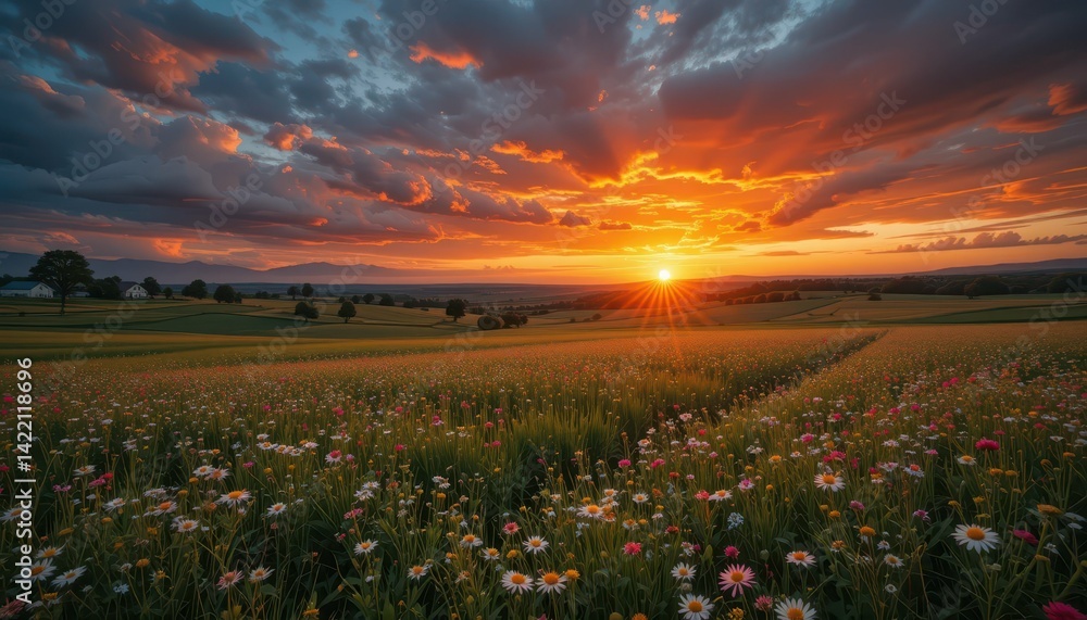 Obraz premium Majestic Sunset Over Vibrant Flower Field in Rural Landscape