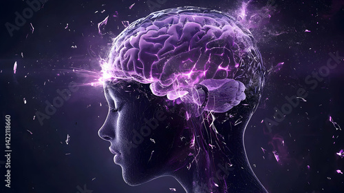 A digital artwork showcasing a transparent human head with a glowing brain. It symbolizes mind power intelligence and mental processes perfect for scientific visuals.