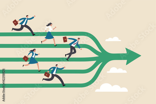 Collaboration or working together to achieve target, leadership to drive team success, teamwork or unity to win business concept, business people running their way to fuse in one strong direction.