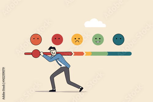 Dissatisfaction, dislike or negative feedback, angry customer or dissatisfied employee, angry review, disappointment rating or complaint concept, man pushing rating bar to dissatisfaction level.
