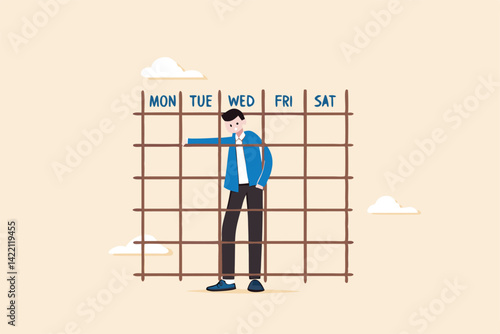 Working routine in office 9 to 5 job, exhaustion or fatigue from career burnout, anxiety or work boredom, concept, desperate hopeless businessman inside office Monday to Friday prison calendar.