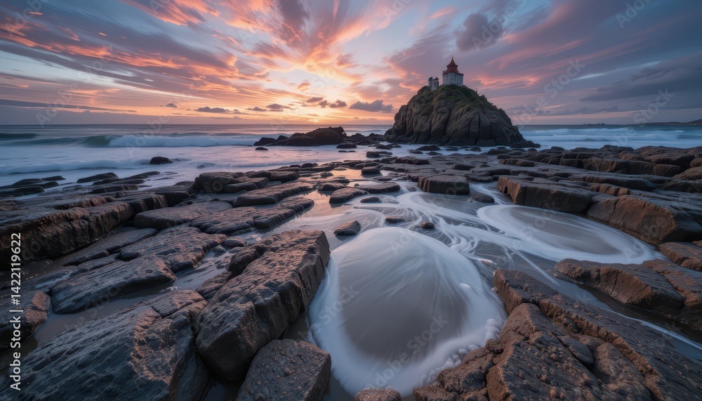 Obraz premium Serene Coastal View with Lighthouse at Sunset Over Rocky Shoreline