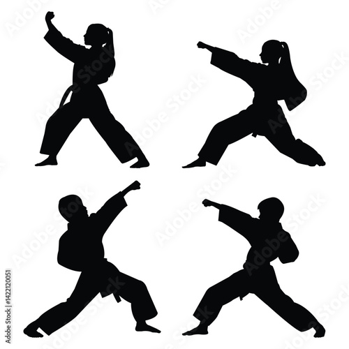 Black silhouettes of boy and girl practicing karate vector illustration