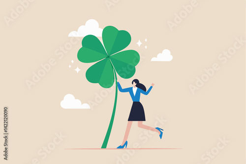 Luck for success, blessing for work opportunity, fortune or chance, good luck or happiness concept, lucky businesswoman with crossed finger gesture holding lucky clover leaf