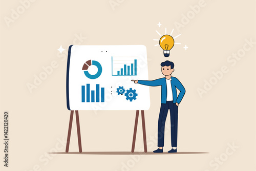 Sales pitch or presentation for business idea and opportunity, presenting proposal or plan to client or prospect, convince or selling concept, confidence businessman present sales pitch on whiteboard.