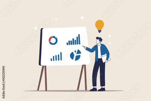 Sales pitch or presentation for business idea and opportunity, presenting proposal or plan to client or prospect, convince or selling concept, confidence businessman present sales pitch on whiteboard.