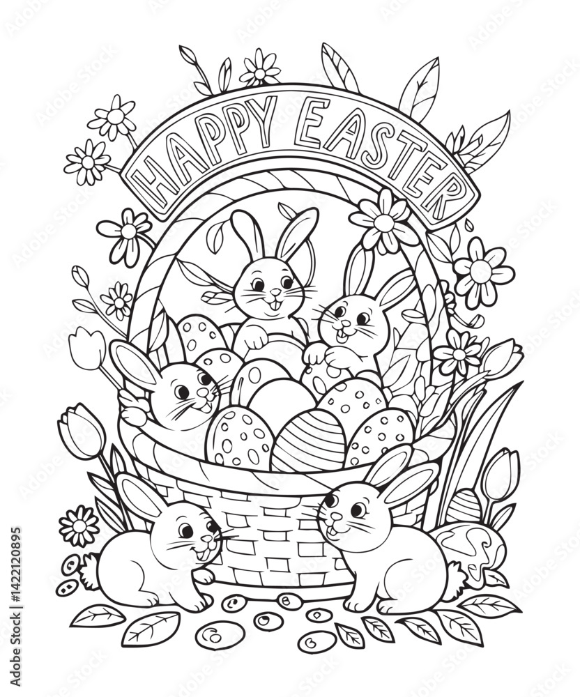 Fototapeta premium Cute easter bunny with eggs coloring page for kids, black line art vector illustration on white background