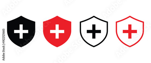 Shield Icons with a Plus Symbol, Representing Protection and Security vector illustration