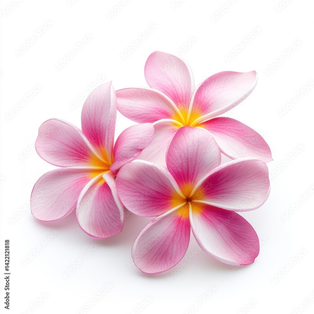 Fototapeta premium Three pink plumeria flowers with yellow centers on a white background