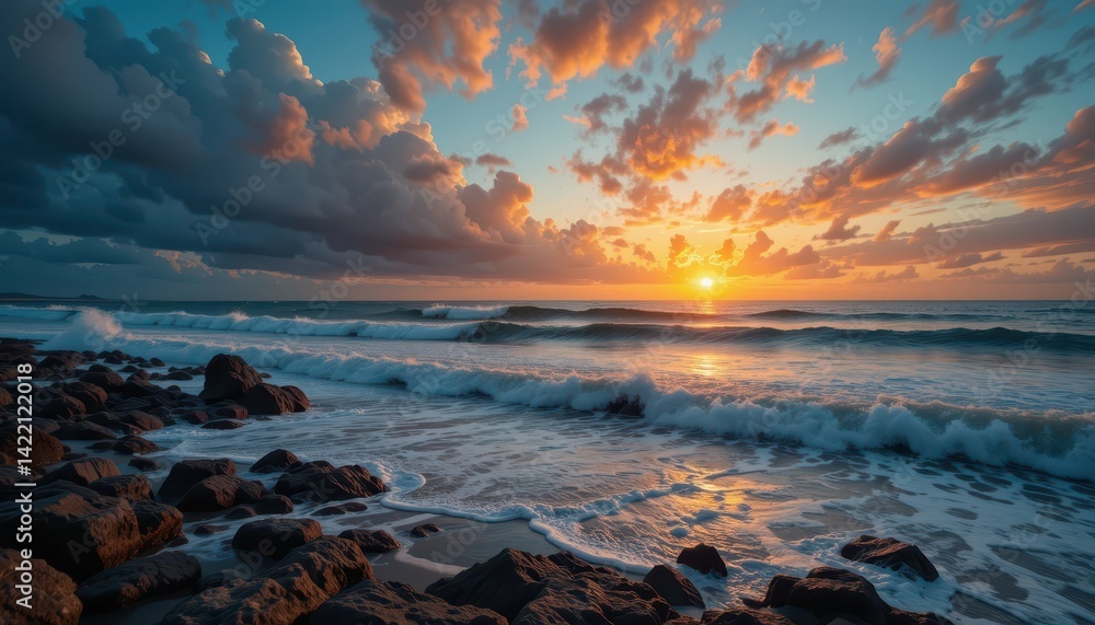 Naklejka premium Serene Sunset Over Ocean Waves with Clouds and Rocks on Coastline