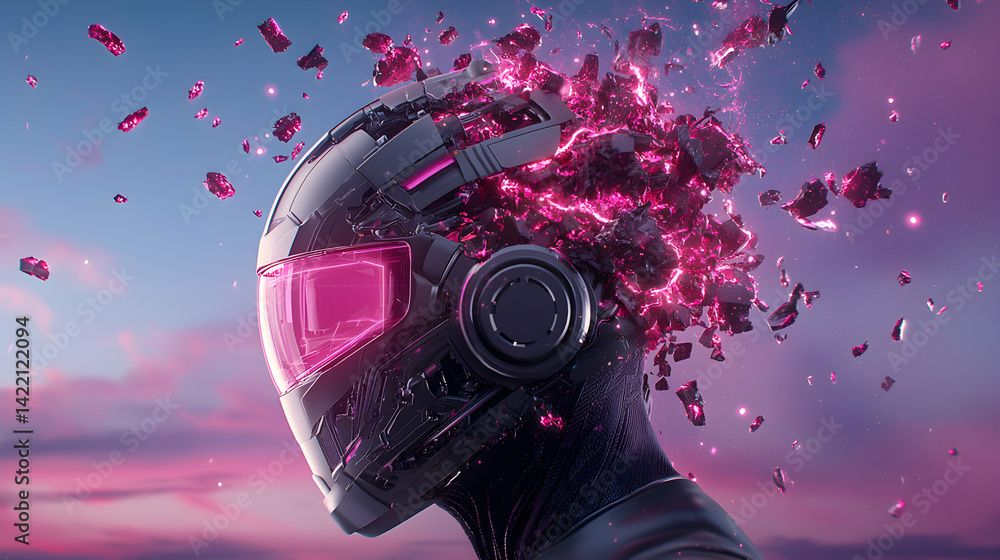 Fototapeta premium Futuristic helmet disintegration visual. Use this image to create stunning sci-fi digital art or as a striking element in futuristic design concepts.