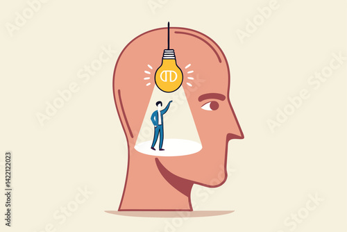 Intelligence thinking, wisdom or intuition in genius brain, creative mindset or emotional intelligence, smart thinking or psychology concept, smart man turn on lightbulb idea inside his genius head.