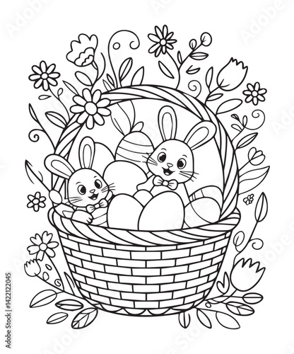 Cute easter bunny with eggs coloring page for kids, black line art vector illustration on white background